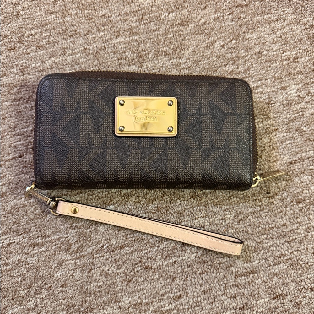 Michael Kors Brown Logo Zip-Around Wristlet with Beige Strap